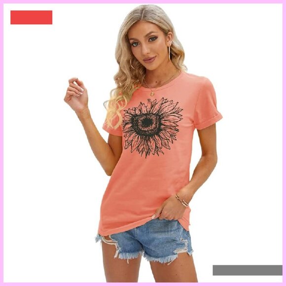 Women's Short Sleeve Graphic Tee Loose Fit Summer Top - Picture 2 of 4